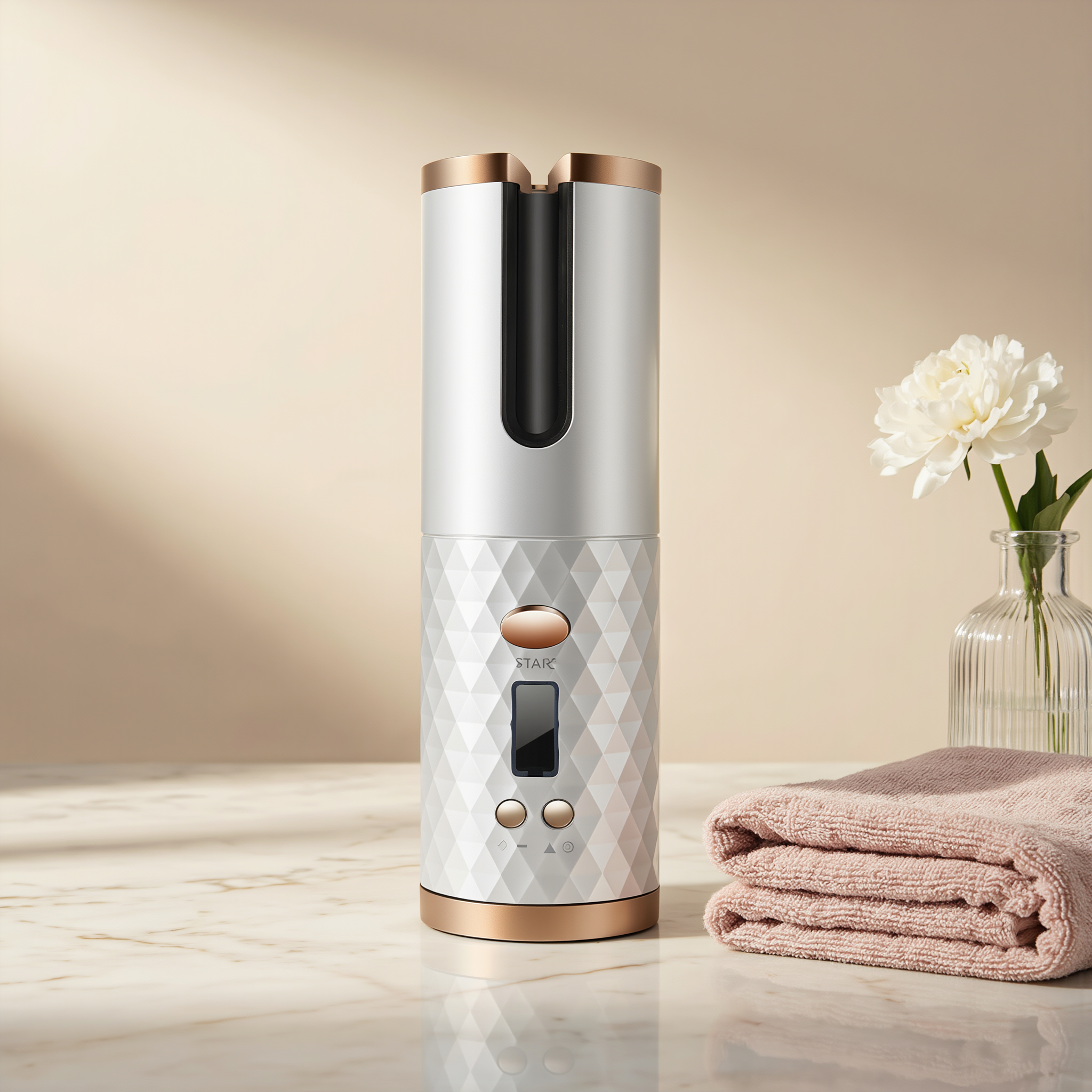MELLINA Rotate cordless automatic curling iron on a marble vanity