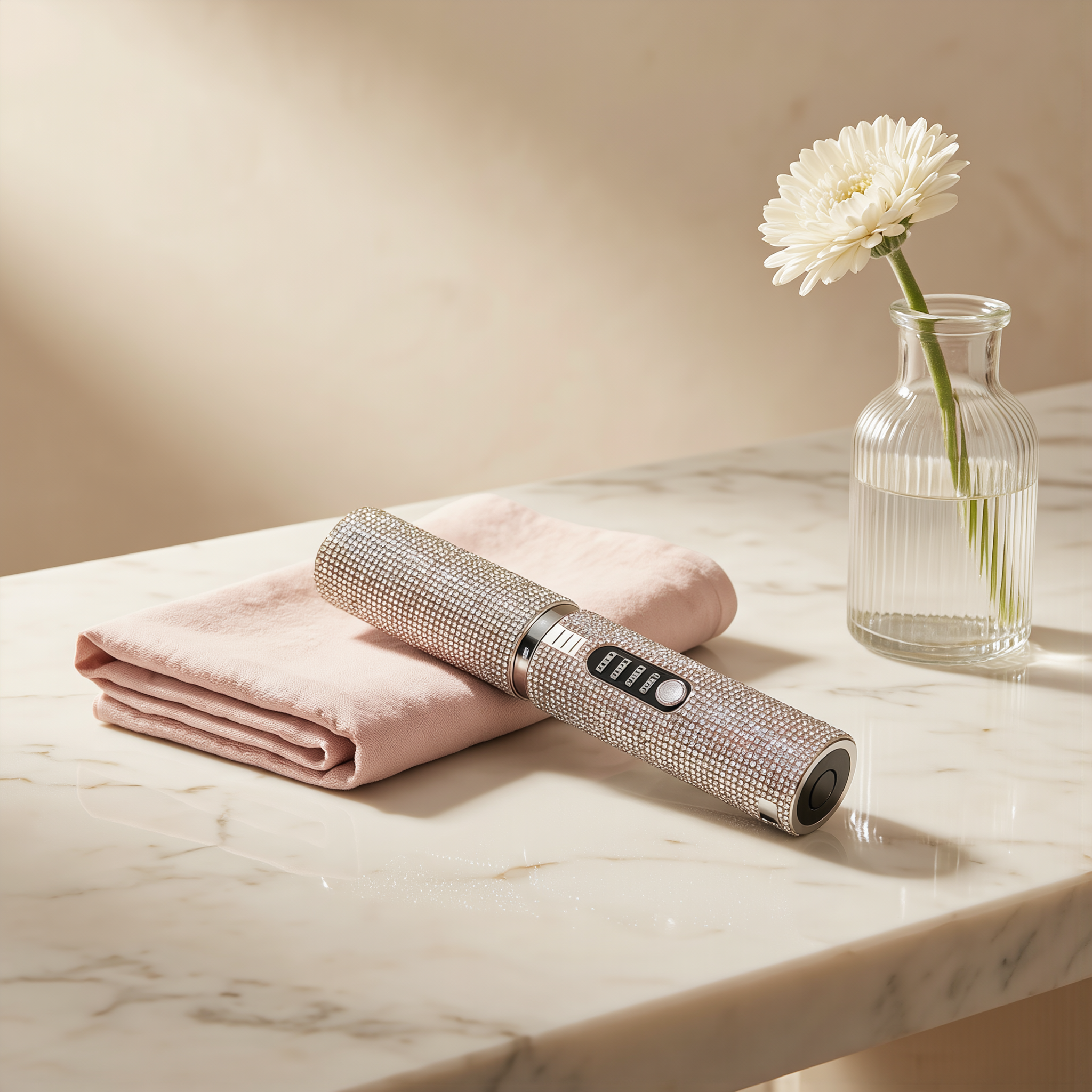 MELLINA Sparkle cordless straightener and curler on a marble vanity