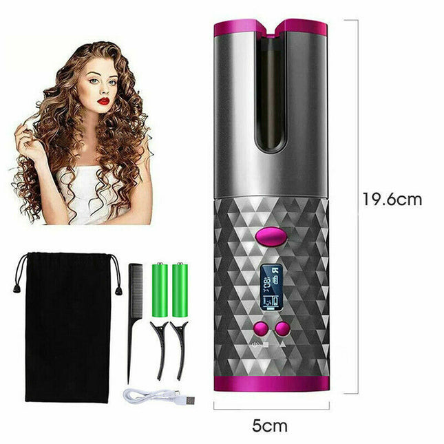 MELLINA Rotate curling iron box contents including pouch, cable and clips, with dimensions