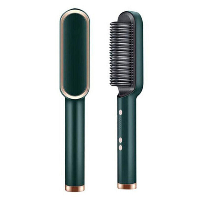 MELLINA Glide heated straightening comb brush in dark green with gold trim