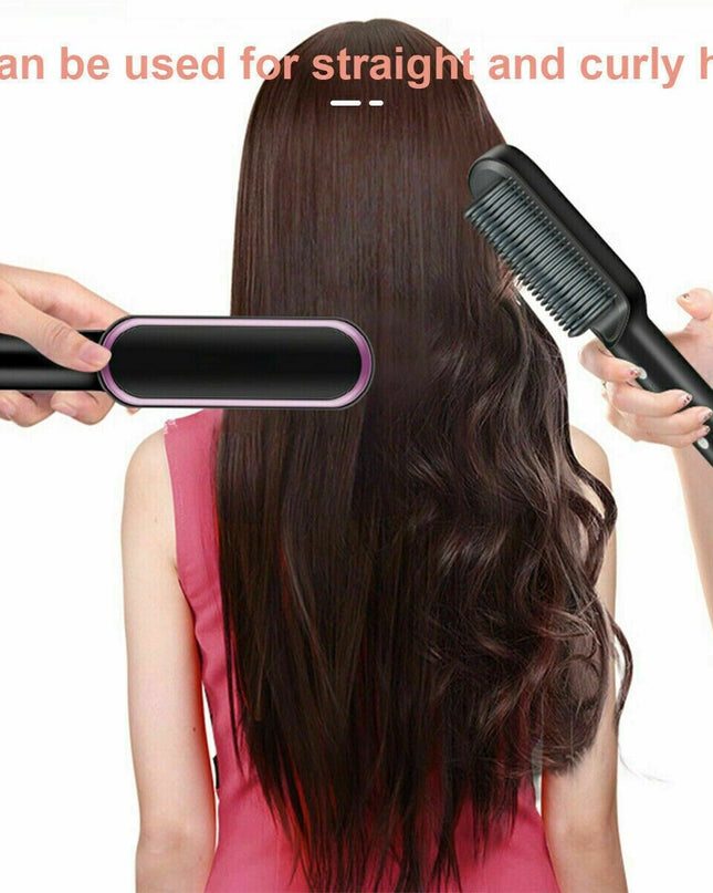 Woman straightening long hair with the MELLINA Glide comb brush