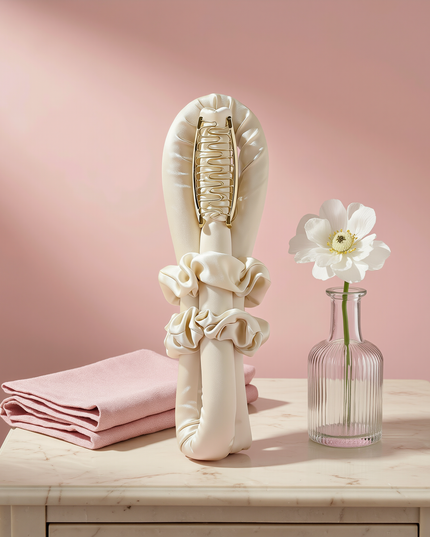 MELLINA Silk Waves heatless curling set on a marble vanity