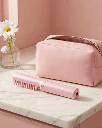 MELLINA Go mini straightener beside a travel pouch