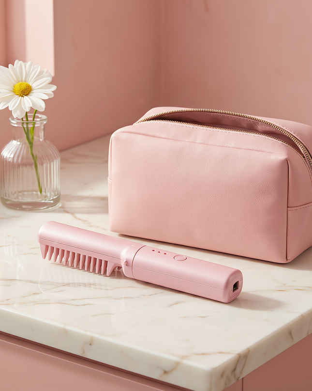 MELLINA Go mini straightener beside a travel pouch