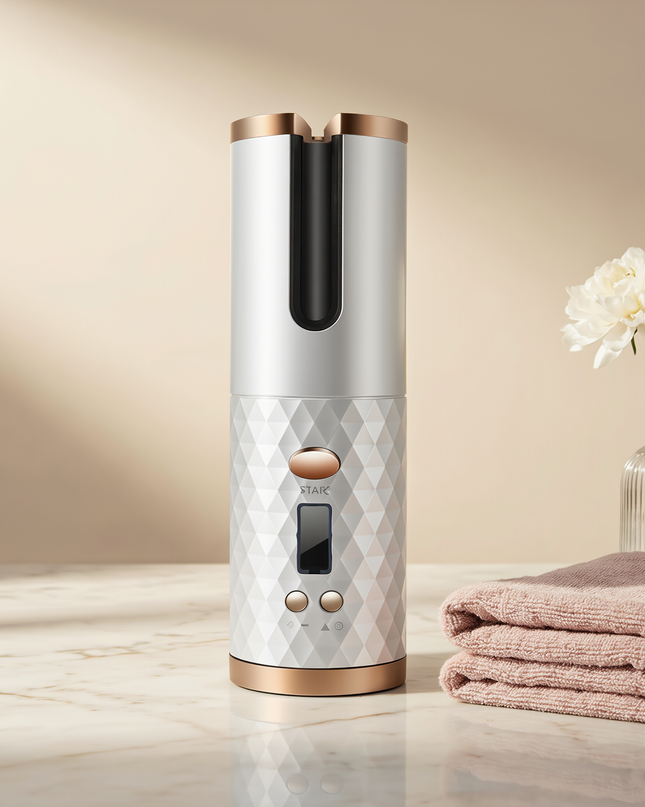 MELLINA Rotate auto curling iron on a marble vanity