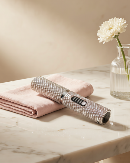 MELLINA Sparkle straightener and curler on a marble vanity