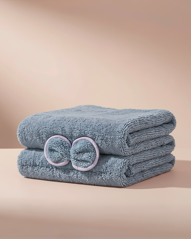 MELLINA Velvet Hair Towel Wrap in Blue - studio photo