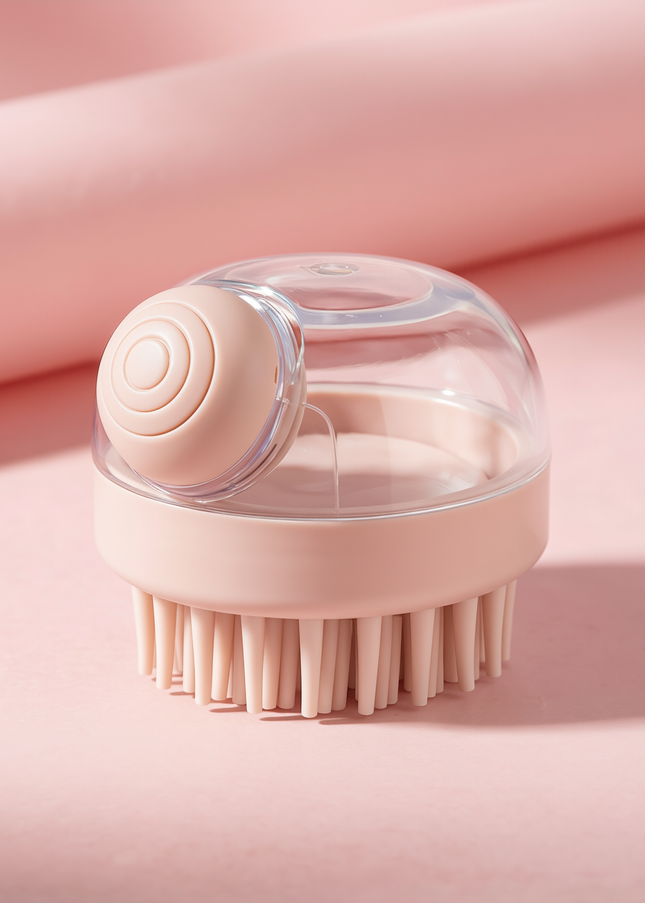 MELLINA scalp massage shampoo brush in pink, studio photograph