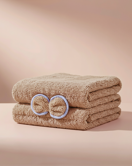 MELLINA Velvet Hair Towel Wrap in Light Brown - studio photo