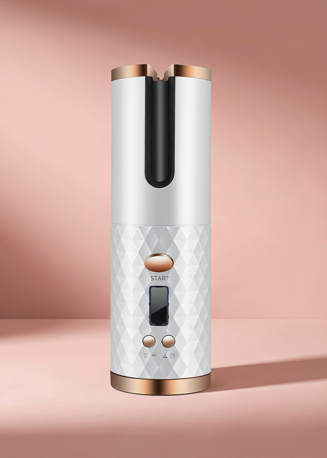 MELLINA Rotate cordless auto curling iron, studio product photo with START button