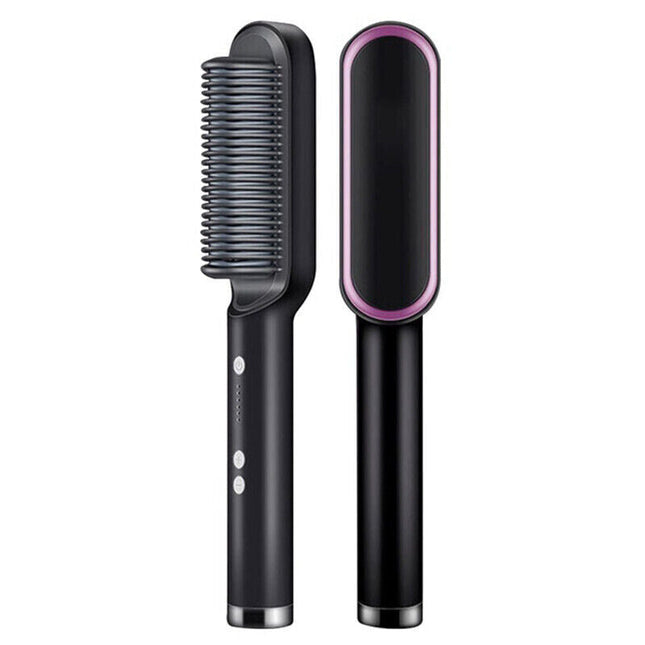 MELLINA Glide heated straightening comb brush in black, comb and back view