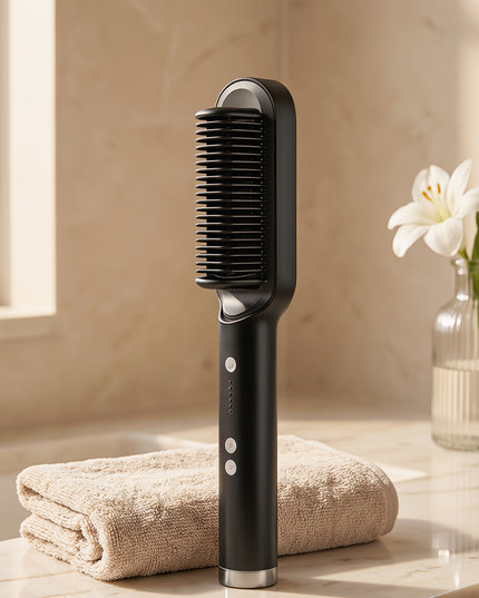 Mellina Glide straightening brush on a marble bathroom vanity