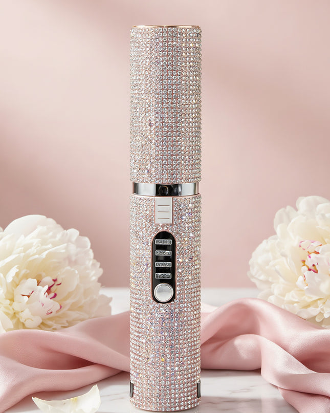 MELLINA Sparkle cordless rhinestone straightener and curler on marble with pink silk and peonies